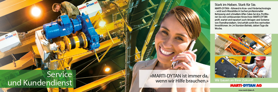Inserat / Anzeige Marti-Dytan. Frau mit Mobiltelefon vor Krananlage