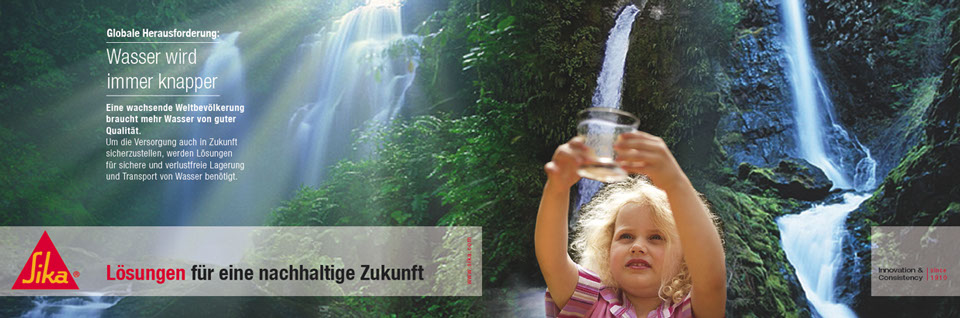Inserat / Anzeige Sika. Kind mit Glas an Wasserfall